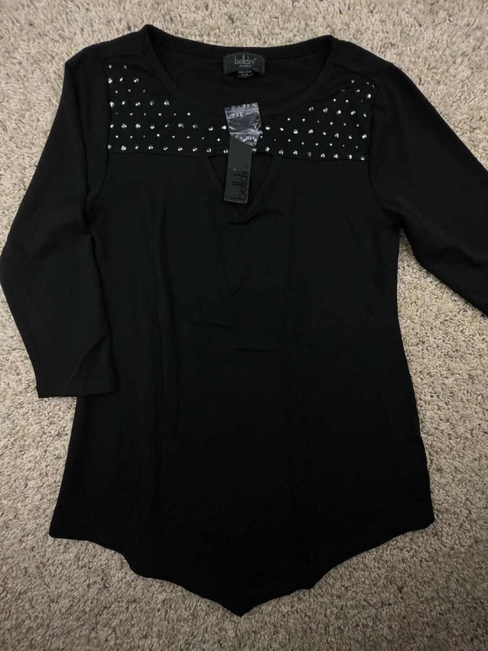 Belldini Women's Top Black Small 3/4 Sleeve Jeweled V Neck BK19025